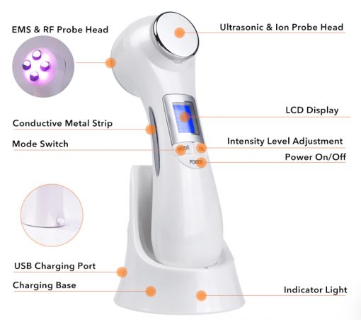 Masajeador Facial 6 en 1 (EMS, RF, Ultrasonido, Vibracion Biomecanica, Terapia LED, Terapia Iones Positivos y Negativos)